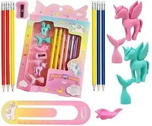 Crackles Unicorn Stationary Kit with Pencils, Erasers, Sharpener, Ruler Bookmark, Pencil Grip Combo 