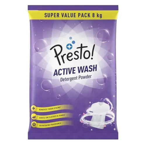 Presto! Active Wash Detergent Powder | 8 Kg | Tough On Stains | Gentle On Fabrics | Colour-Safe | Re